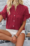 Solid Color Lapel Short Sleeved Pleated Shirt