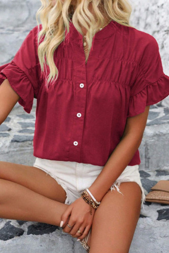 Solid Color Lapel Short Sleeved Pleated Shirt
