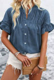 Solid Color Lapel Short Sleeved Pleated Shirt