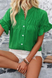 Solid Color Lapel Short Sleeved Pleated Shirt