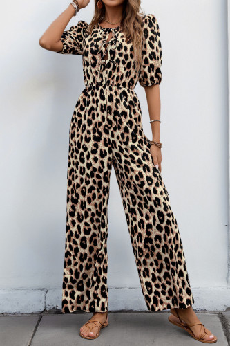 High Waisted Short Sleeve Leopard Print Jumpsuit