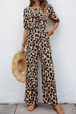 High Waisted Short Sleeve Leopard Print Jumpsuit