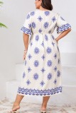 Plus Size Bell Sleeve V neck Print Dress