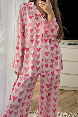 Love Printed Cardigan Long Sleeved Long Pants Pajamas Two-Piece Set