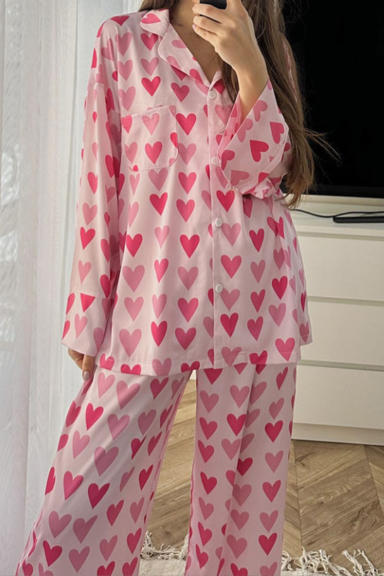 Love Printed Cardigan Long Sleeved Long Pants Pajamas Two-Piece Set
