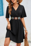 Embroidered V-Neck Short Sleeved Ethnic Style Dress