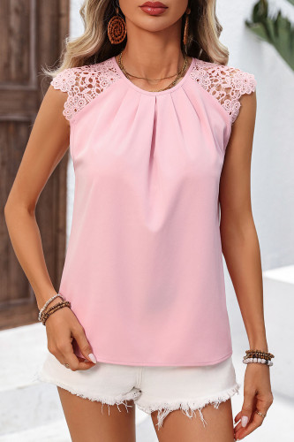 Round Neck Pleated Lace Cuff Sleeveless Shirt