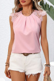 Round Neck Pleated Lace Cuff Sleeveless Shirt