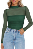 Solid Color Round Neck Mesh Half-High Neck Shirt