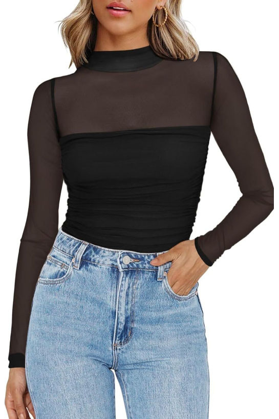 Solid Color Round Neck Mesh Half-High Neck Shirt