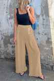 Pure Color Button Elastic Loose Casual Wide Leg Pants