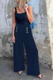 Pure Color Button Elastic Loose Casual Wide Leg Pants