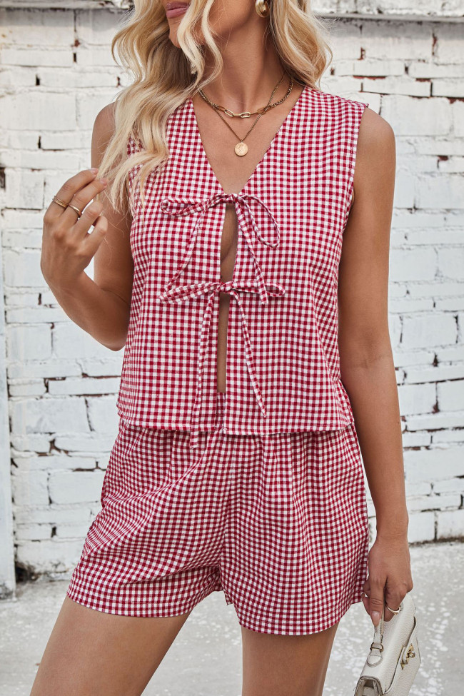 Plaid Print Short Sleeve Shorts Two-Piece Set