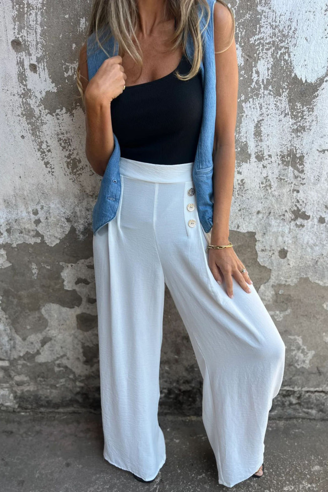 Pure Color Button Elastic Loose Casual Wide Leg Pants