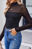 Solid Color Round Neck Mesh Half-High Neck Shirt