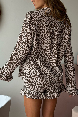 Leopard Print Loose Long Sleeved Shorts Two-Piece Set