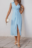 Sleeveless Lapel Solid Color Slit Summer Dress