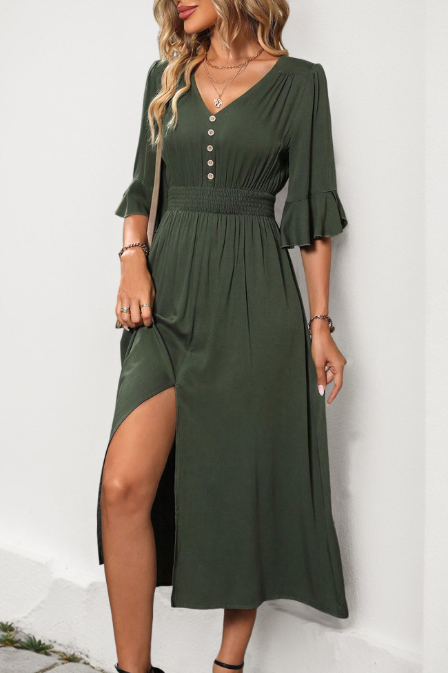 V-Neck Solid Color Ruffled Short Sleeved Dress