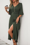 V-Neck Solid Color Ruffled Short Sleeved Dress
