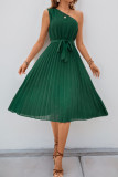 Solid Color Slanted Shoulder Pleated Dress