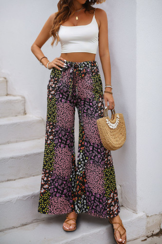 Lace Up Printed High Waisted Wide Leg Pants