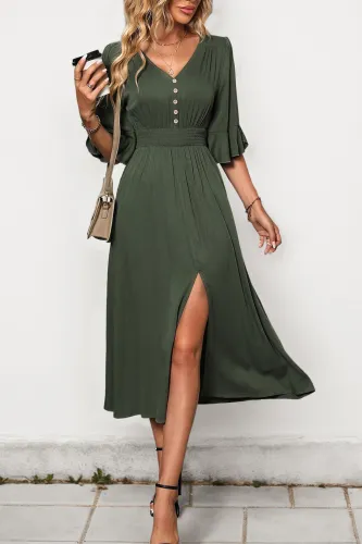 V-Neck Solid Color Ruffled Short Sleeved Dress