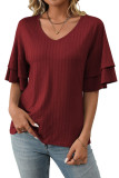 Solid Color V-Neck Ruffle Short Sleeve T-Shirt
