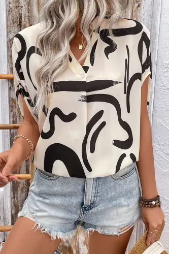 Bat Sleeve V-Neck Geometric Print Shirt