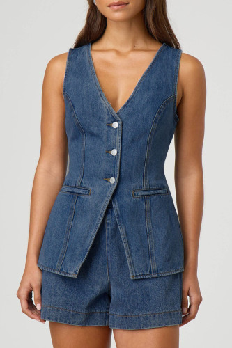 High Waisted Denim Sleeveless Top Shorts Two-Piece Set