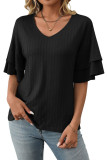 Solid Color V-Neck Ruffle Short Sleeve T-Shirt