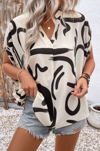 Bat Sleeve V-Neck Geometric Print Shirt