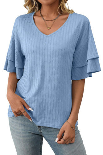 Solid Color V-Neck Ruffle Short Sleeve T-Shirt