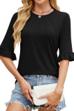 Solid Color Round Neck Ruffle Sleeve T-Shirt