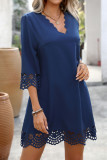 Solid Color V-Neck Lace Long Sleeved Dress