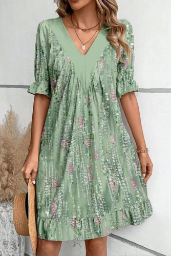 V-Neck Ruffle Short Sleeve Printed Dress