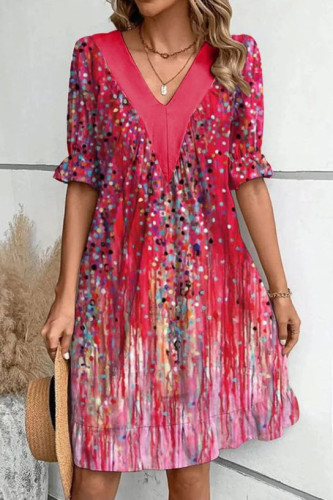 V-Neck Ruffle Short Sleeve Printed Dress