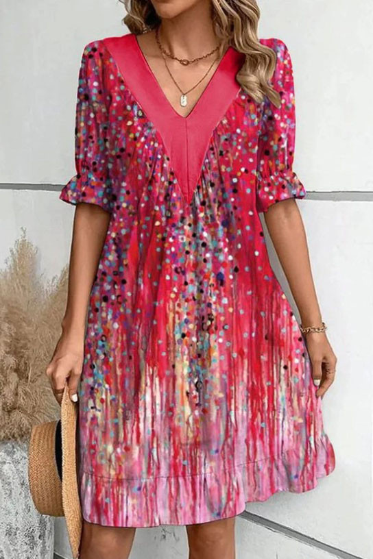 V-Neck Ruffle Short Sleeve Printed Dress