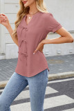 Solid Color Short Sleeved Bow V-Neck T-Shirt