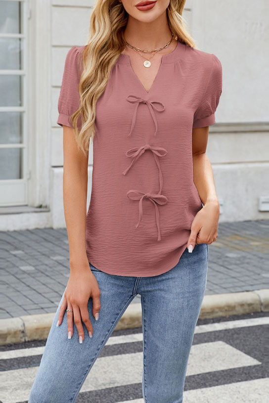 Solid Color Short Sleeved Bow V-Neck T-Shirt