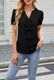 Solid Color Short Sleeved Bow V-Neck T-Shirt