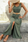 Solid Color Sleeveless Round Neck Waist Cinched Dress