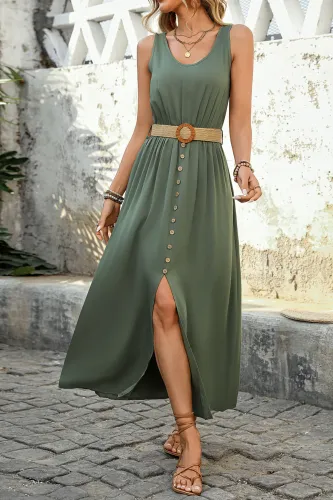Solid Color Sleeveless Round Neck Waist Cinched Dress