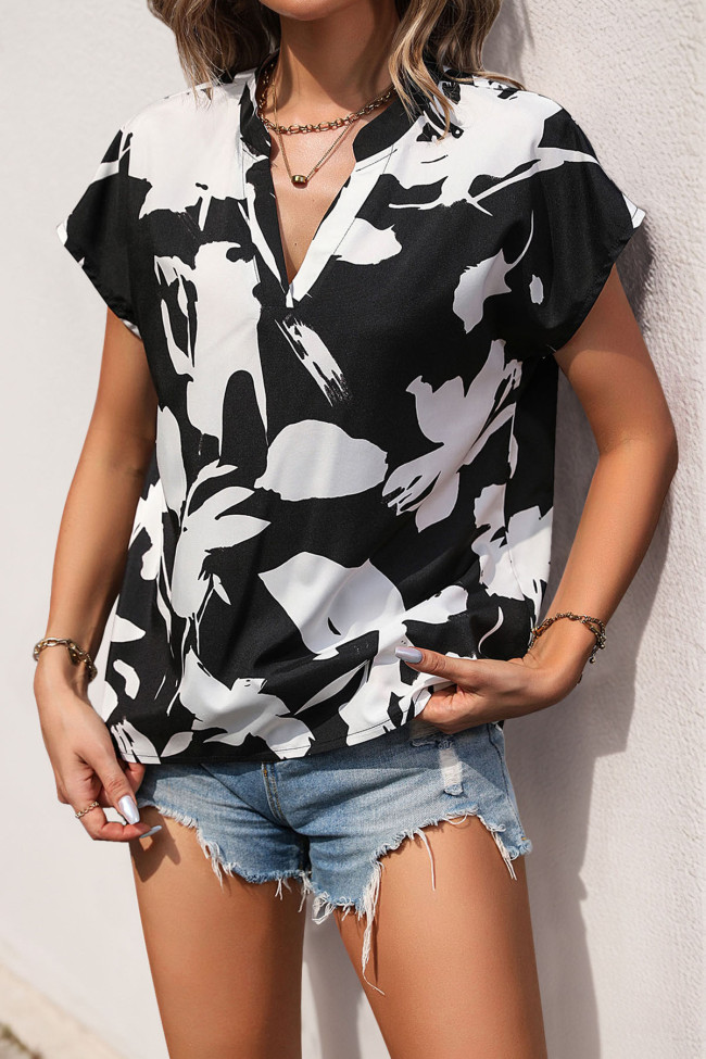 Black White Contrasting V-Neck Short Sleeve Shirt