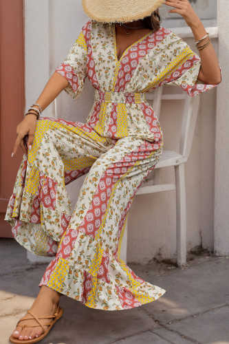 Bohemian Print Retro High Waisted Jumpsuit Pants