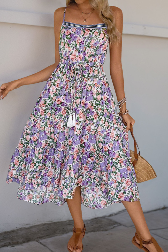 Pleated Printed Ruffle Edge Sleeveless Dress