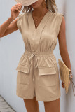 New V-Neck Solid Color Jumpsuit Shorts