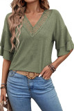 Solid Color Loose Lace V-Neck T-Shirt