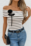One Shoulder Flower Striped Short Sleeved T-Shirt