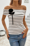 One Shoulder Flower Striped Short Sleeved T-Shirt