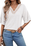 Solid Color Loose Lace V-Neck T-Shirt